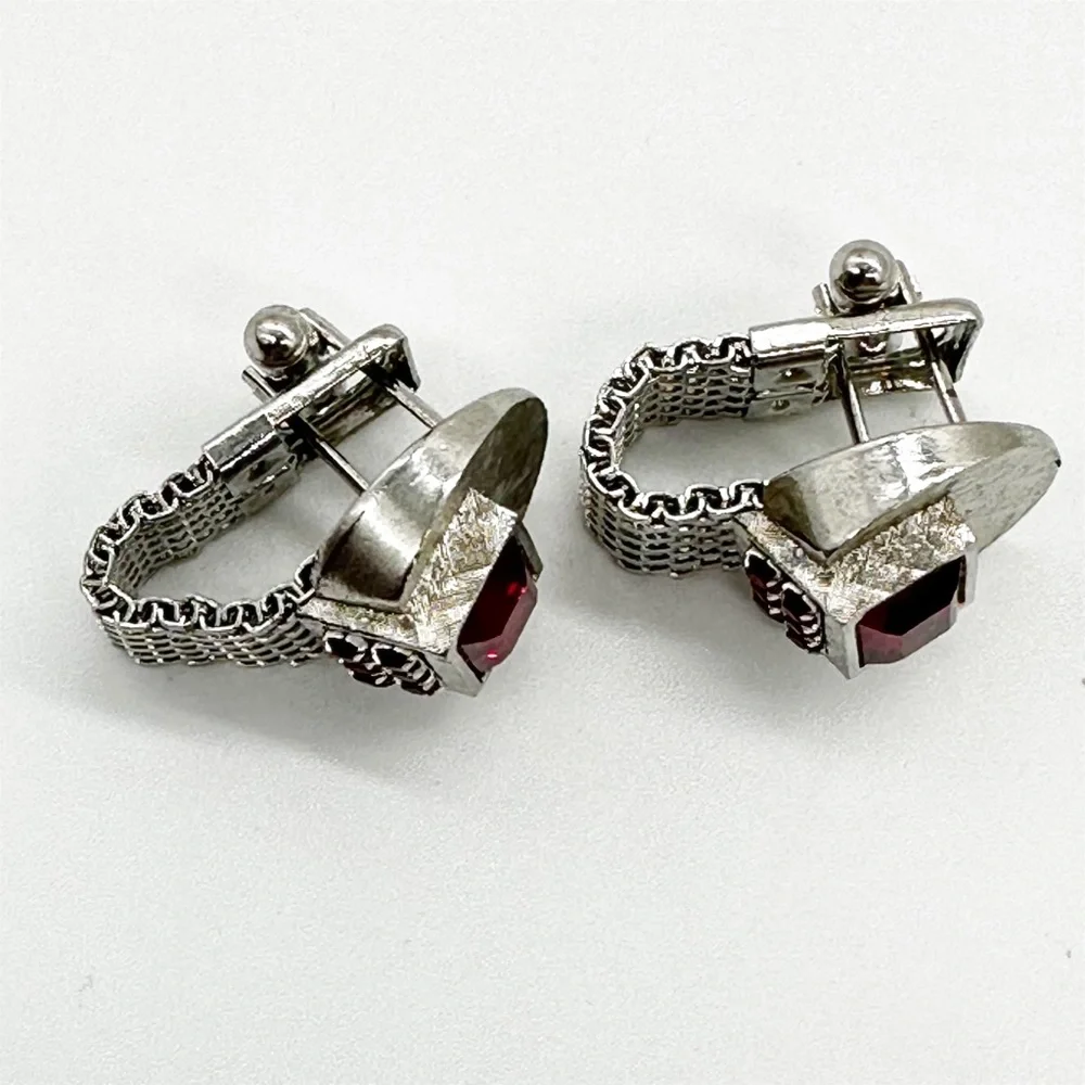 Vintage Mesh Brushed Silver Tone Red Jeweled Cufflinks